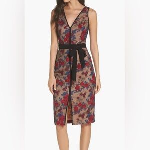 Floral Embroidered V-Neck Sheath Dress in Beige and Red